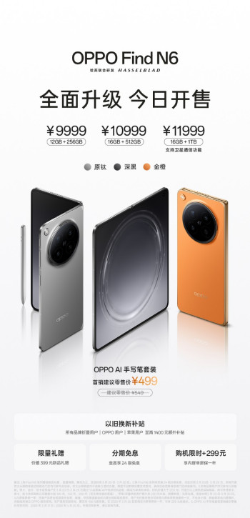全球最平整折叠手机OPPO Find N6正式开售，售价9999元起
